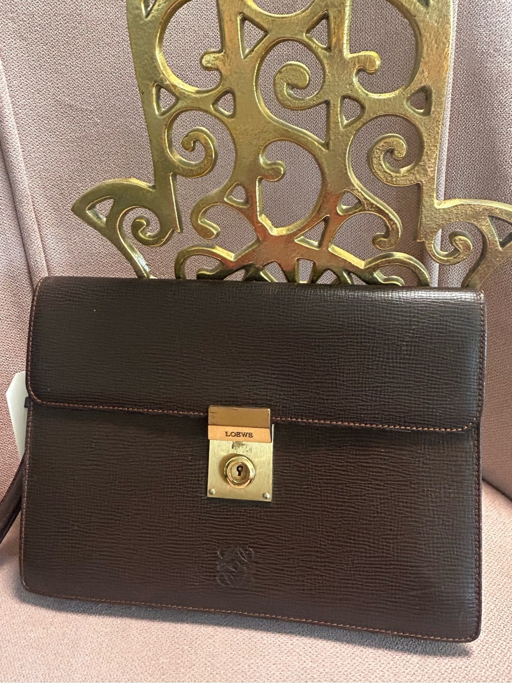 Loewe Dark Brown Leather Shoulder Bag with Gold-Tone Lock